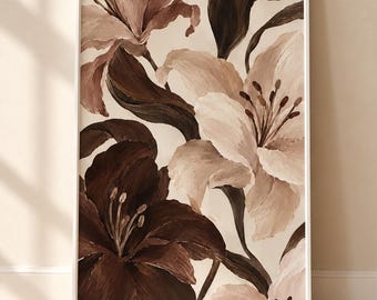 May include: A framed vertical wall art print featuring an oil painting of large lily flowers in shades of dark brown, mocha, and cream. The composition displays multiple overlapping floral blooms and dark foliage against a light background.