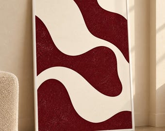 May include: A rectangular wall art piece in a thin white frame featuring a high-contrast design of deep burgundy, textured abstract shapes flowing against a smooth, solid off-white background, creating a bold, organic, and layered visual composition.
