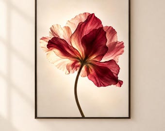 May include: A framed wall art print featuring a single, large, translucent flower with deep red and magenta petals. The flower is illuminated from behind, highlighting the delicate veins and soft, ruffled edges of the petals against a light background.