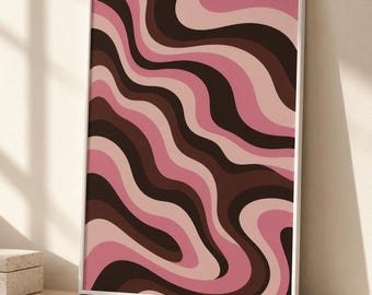 Chocolate Brown Pink Wavy Wall Art, Retro Abstract Swirl Poster, Dusty Rose Bedroom Print, Groovy Modern Living Room Decor, Digital Download