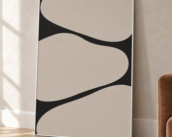May include: A rectangular wall art piece featuring a white frame and an abstract composition of three large, smooth, beige organic shapes layered over a solid black background, creating a high-contrast graphic design with curved edges.