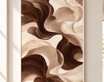 May include: A rectangular wall art piece in a white frame featuring an abstract painting with fluid, sweeping brushstrokes in varying shades of dark chocolate brown, mocha, and creamy beige, creating a sense of layered, organic movement.