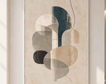May include: A framed vertical wall art print featuring a composition of overlapping geometric shapes in shades of dark blue, gray, beige, and cream. A thin, curved gold line cuts through the center of the layered forms on a textured background.