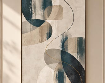 May include: A rectangular wall art piece featuring an abstract composition of overlapping circular and oval shapes in shades of deep navy blue, muted beige, and cream. The design includes textured brushstroke effects and thin gold lines.