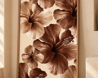 May include: A rectangular wall art print in a light wood frame featuring a pattern of large hibiscus flowers in shades of brown and cream. The floral illustration displays multiple blossoms with visible stamens against a solid cream background.