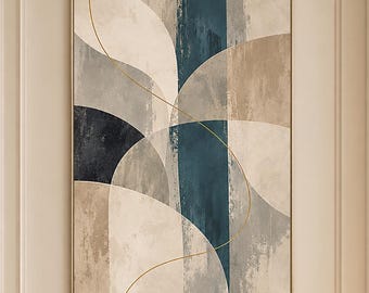 May include: A rectangular wall art piece featuring an abstract composition of overlapping geometric shapes in shades of navy blue, beige, gray, and white. Thin, curved gold lines intersect the painted forms, all enclosed in a thin gold frame.