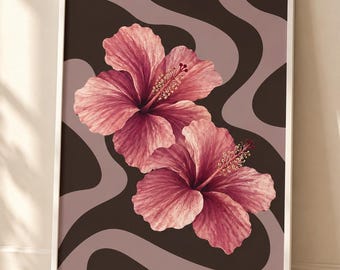 May include: A framed wall art print featuring two large, detailed pink hibiscus flowers centered over a background of dark brown and muted mauve wavy, vertical stripes. The artwork is enclosed in a simple, thin white rectangular frame.
