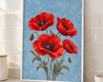 May include: A framed wall art print featuring a vibrant painting of four bright red poppy flowers with dark centers and green stems against a textured light blue background. The artwork is displayed in a simple white frame.
