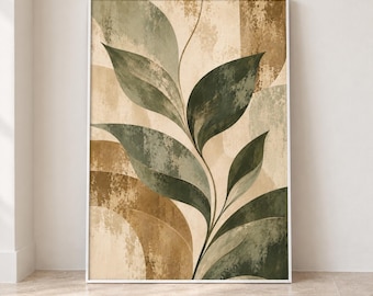 May include: A vertical rectangular wall art print featuring a stylized botanical illustration of dark green and sage leaves. The background consists of abstract, textured layers in shades of beige, cream, and warm brown with a distressed finish.