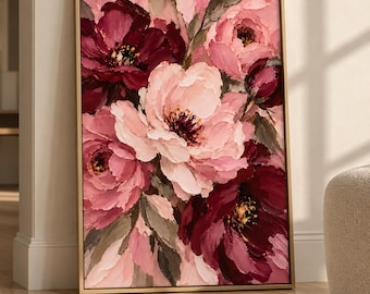 May include: A rectangular wall art piece in a gold frame featuring an oil painting of large flowers in shades of deep burgundy, soft pink, and light blush. The thick, textured brushstrokes create a layered floral composition with dark green leaves.