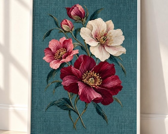 May include: A framed wall art print featuring a botanical illustration of blooming peonies in shades of deep burgundy, soft pink, and creamy white, set against a textured teal background with green leaves and closed flower buds.