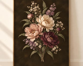 May include: A framed vertical wall art print featuring a floral bouquet with large cream, dusty pink, and deep burgundy peonies, accented by small white and purple blossoms and green leaves, set against a solid, dark brown textured background.