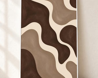 May include: A rectangular wall art print featuring an abstract composition of fluid, organic shapes in varying shades of dark brown, medium brown, and cream. The design consists of smooth, wavy color blocks that flow across the vertical frame.