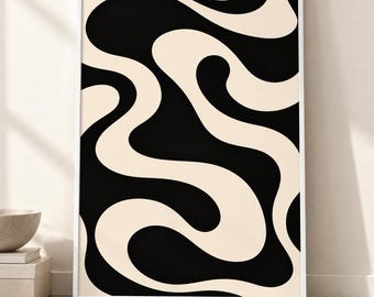 Black and Cream Wavy Wall Art, Retro Abstract Swirl Poster, Funky Geometric Bedroom Print, Mid Century Living Room Decor, Digital Download