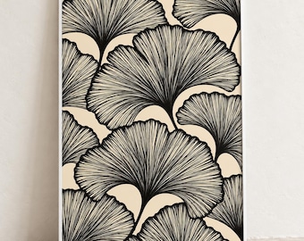 Black Cream Ginkgo Leaf Wall Art, Neutral Botanical Illustration Print, Vintage Fan Foliage Poster, Japandi Nature Inspired Digital Download