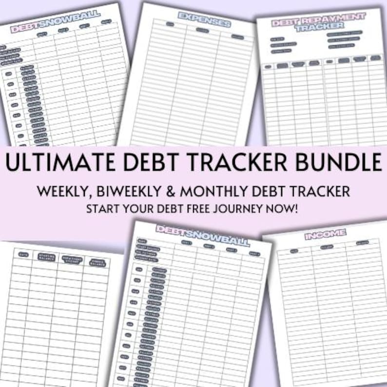 May include: A printable bundle of debt tracker worksheets. The bundle includes weekly, biweekly, and monthly debt trackers. The worksheets are designed to help you track your debt and create a plan to pay it off. The text on the image reads "Ultimate Debt Tracker Bundle" and "Weekly, Biweekly & Monthly Debt Tracker. Start your debt free journey now!"