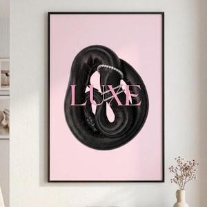 Luxe roze slang muurkunst | Zwarte python esthetische print | Donkere vrouwelijke glamour slaapkamer decor Y2K coquette kamer decor digitale downloadkunst