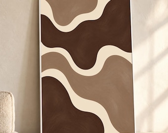 May include: A rectangular wall art print in a thin white frame featuring an abstract composition of flowing, organic shapes in shades of dark brown, medium brown, and cream, arranged in a series of undulating, layered horizontal waves.