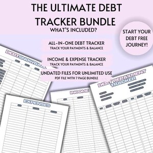 May include: A printable debt tracker bundle with seven pages. The bundle includes a debt snowball tracker, an income and expense tracker, and a debt repayment tracker. The pages are undated and can be used for unlimited use.