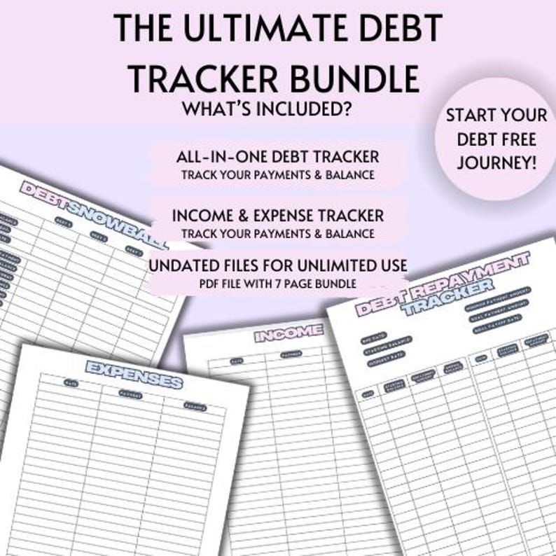 May include: A printable debt tracker bundle with seven pages. The bundle includes a debt snowball tracker, an income and expense tracker, and a debt repayment tracker. The pages are undated and can be used for unlimited use.