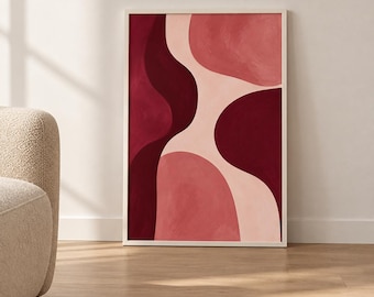 Burgundy Pink Abstract Wall Art, Retro Organic Shapes Poster, Blush Mid Century Modern Print, Minimalist Living Room Decor, Digital Download