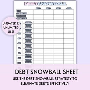 May include: A printable debt snowball sheet with a light pink background and black and gray text. The sheet is divided into columns for different debts and rows for monthly payments and balances. The text "DEBT SNOWBALL SHEET" is at the bottom of the sheet.