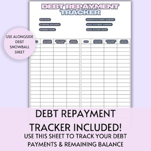 May include: A printable debt repayment tracker worksheet with a light pink and blue color scheme. The worksheet has columns for due date, starting balance, interest rate, minimum payment amount, goal payment amount, goal payoff date, date, starting balance, repayment amount, and ending balance.