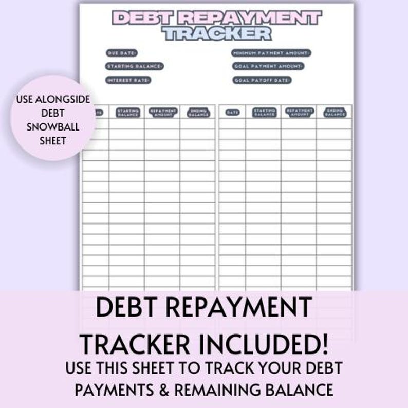 May include: A printable debt repayment tracker worksheet with a light pink and blue color scheme. The worksheet has columns for due date, starting balance, interest rate, minimum payment amount, goal payment amount, goal payoff date, date, starting balance, repayment amount, and ending balance.