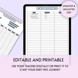 May include: A printable expense tracker with a black and white grid and the words "EXPENSES", "DATE", "PAYMENT", and "BALANCE" at the top. The tracker is undated and can be used for an unlimited amount of time. The text "EDITABLE AND PRINTABLE" is at the bottom of the page, along with the text "USE YOUR TRACKER DIGITALLY OR PRINT IT TO START YOUR DEBT FREE JOURNEY."