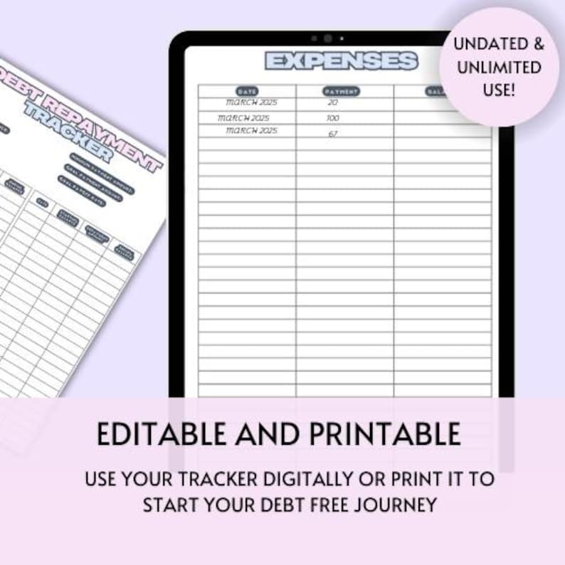 May include: A printable expense tracker with a black and white grid and the words "EXPENSES", "DATE", "PAYMENT", and "BALANCE" at the top. The tracker is undated and can be used for an unlimited amount of time. The text "EDITABLE AND PRINTABLE" is at the bottom of the page, along with the text "USE YOUR TRACKER DIGITALLY OR PRINT IT TO START YOUR DEBT FREE JOURNEY."