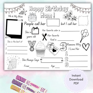 Alles Gute zum Geburtstag Mama Malseite, Kinder Geburtstagskarte für Mama, Mama Geburtstag druckbare Aktivität für Kinder, Geburtstagskarte für Mama zum ausfüllen