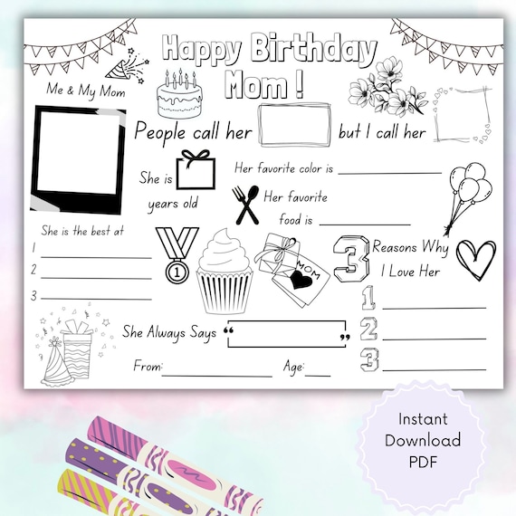 Happy Birthday Mom Coloring Page: Printable Kids Birthday Card (PDF)