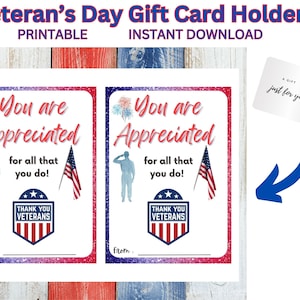 Veterans Day afdrukbare cadeaukaarthouder, heldenwaardering, cadeau voor veteraan, eerstehulpverlener, bedankt voor uw servicegeschenk, leger, marine
