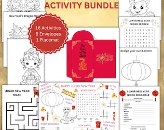 May include: A printable activity bundle for Lunar New Year. The bundle includes a word search, maze, word scramble, and a design your own lantern activity. The activities feature a snake, a dragon, and a lantern. The text on the page reads "Lunar New Year Activity Bundle", "16 Activities", "6 Envelopes", "1 Placemat", "The Year of the Snake", "2025", "Happy Lunar New Year", "Word Search", "Color the Snake", "Tic Tac Toe", "Lunar New Year Maze", "Lunar New Year Word Scramble", "Design your own Lantern", and "How Many?"