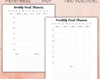 Weekly & Monthly Meal Planner Printable: A4, A5, US Letter (PDF)