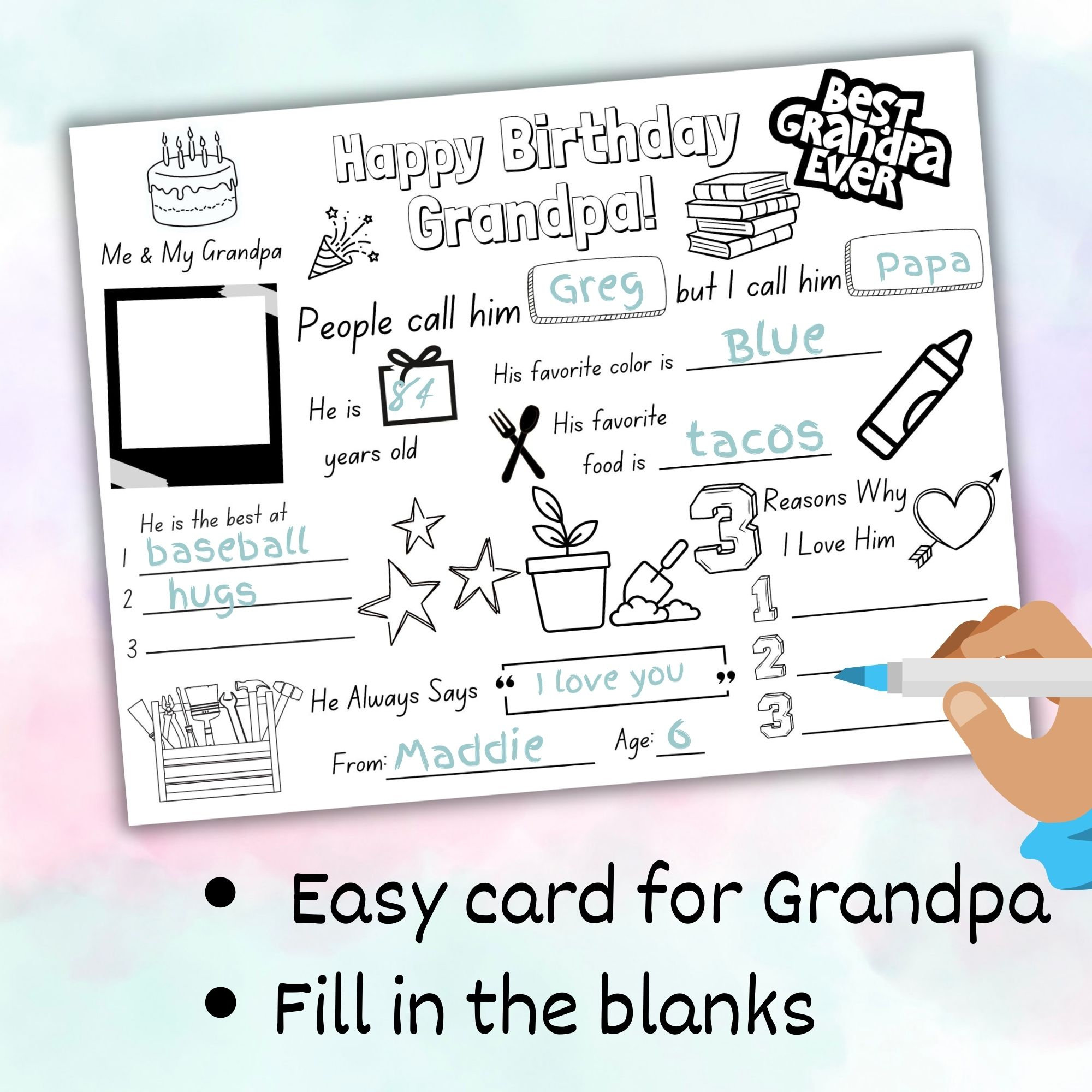 Happy Birthday Grandpa Coloring Page, Kids Birthday Card to Grandpa ...