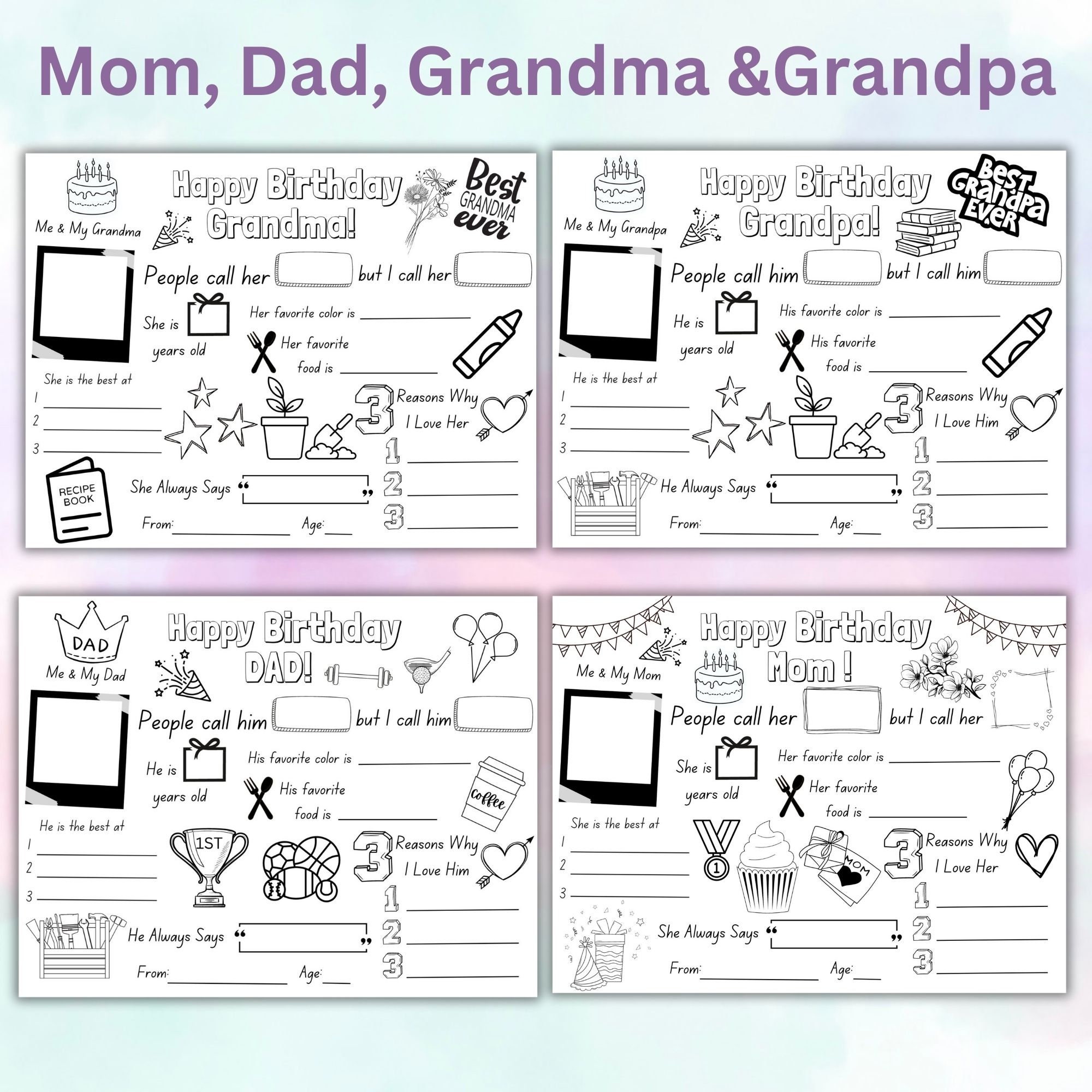 Happy Birthday Coloring Page, Kids Birthday Card to Mom, Dad, Grandpa ...