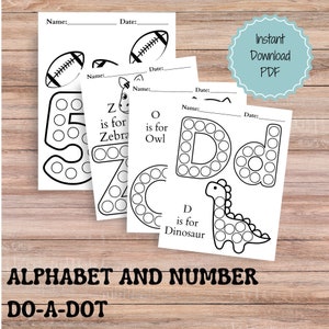 Puede incluir: Hojas de actividades imprimibles en blanco y negro de alfabeto y números do-a-dot. Las hojas presentan las letras Z, O y D con los animales correspondientes, cebra, búho y dinosaurio. Cada letra y cada número está rodeado de círculos para puntear.