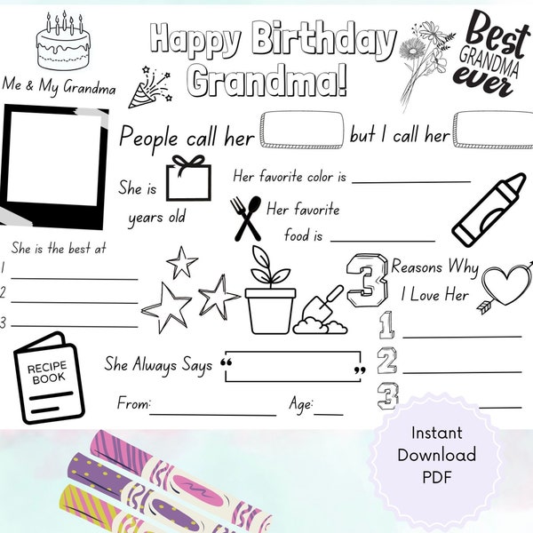 Happy birthday Grandma coloring page, kids birthday card to grandma, grandma birthday printable activity for kids, fill in birthday card