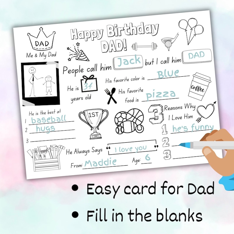 Happy Birthday Dad Coloring Page, Kids Birthday Card to Dad, Dad ...