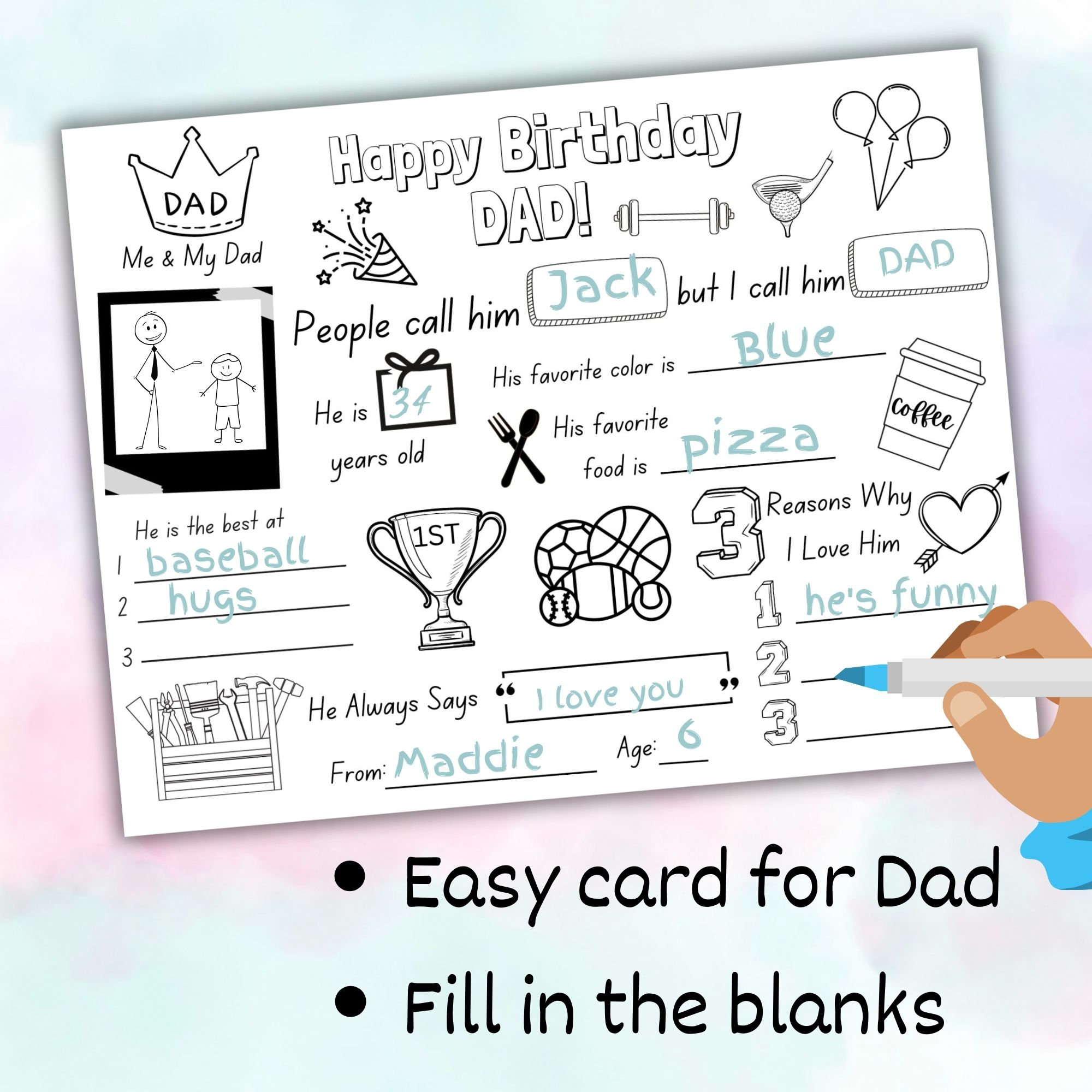 Happy Birthday Dad Coloring Page, Kids Birthday Card to Dad, Dad ...