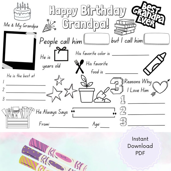 Happy birthday Grandpa coloring page, kids birthday card to grandpa, grandpa birthday printable activity for kids, fill in birthday card