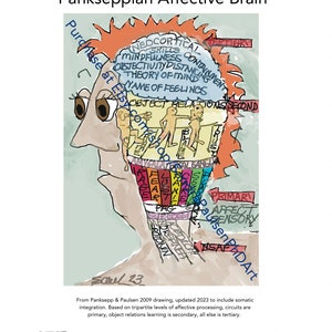 Puede incluir: Una ilustración colorida del Cerebro Afectivo de Panksepp, un modelo de procesamiento emocional en el cerebro. La ilustración muestra diferentes regiones del cerebro y sus funciones, incluyendo la neocorteza, el sistema límbico y el tronco encefálico. La ilustración está etiquetada con términos como "atención plena", "contención", "teoría de la mente" y "relaciones objetales". La ilustración es una herramienta útil para comprender el funcionamiento complejo del cerebro y cómo se procesan las emociones.