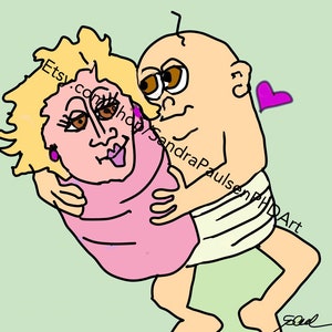 May include: A cartoon illustration of a baby holding a woman in a pink blanket. The baby is wearing a diaper and has a heart above its head. The woman has blonde hair and is wearing pink earrings.