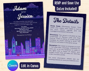 Retro Pixel Night City Wedding Invitation Suite |  8 Bit Video Game | Printable Invite Template