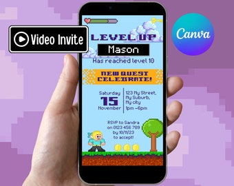 Invito al videogioco Pixel Art: Level Up Party (modello di invito digitale)