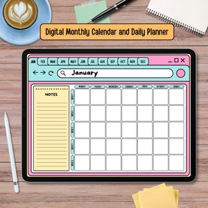 Könnte beinhalten: Eine digitale Monatskalender- und Tagesplaner-App auf einem Tablet-Bildschirm. Der Kalender ist für Januar und hat einen Notizbereich auf der linken Seite. Die App verfügt über eine Suchleiste und Navigationsschaltflächen.