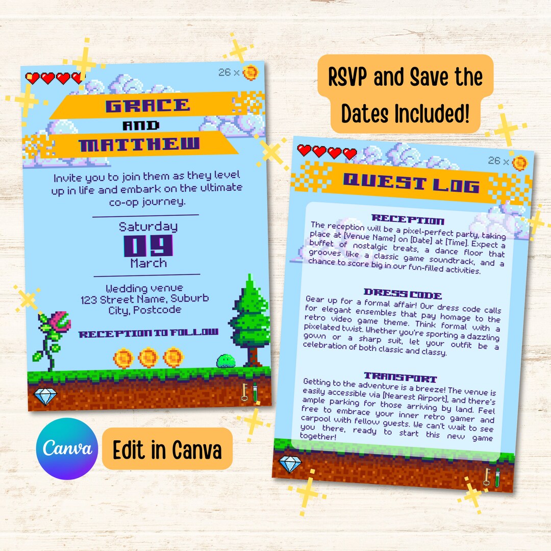 Retro Video Game Wedding Invitation Suite New Quest 8 Bit Video Game
