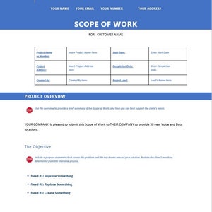 May include: A blue and white document with the title "Scope of Work" and the text "YOUR COMPANY NAME". The document outlines a project overview, the objective, and lists three needs: Improve Something, Replace Something, and Create Something.