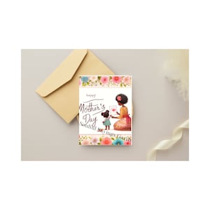 Cartão de Dia das Mães para impressão de filha negra para mãe | Download instantâneo. Doce cartão de felicitações de criança para mãe. Download digital.